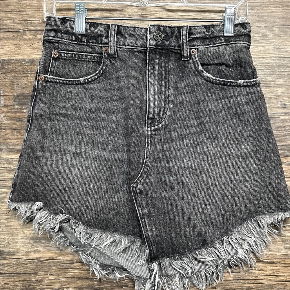 We the Free Distressed Black Jean Skirt with Frayed Hem